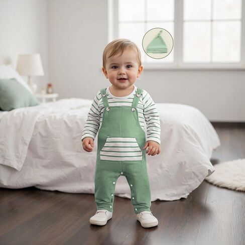 Newborn Baby Boy Summer Clothes Stripe Short Sleeve Romper Suspender Pants Hat 3Pcs Set Cute Coming Home Outfit in Kuwait