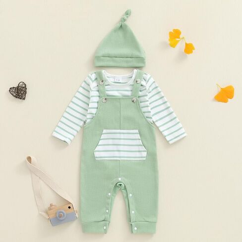 Newborn Baby Boy Summer Clothes Stripe Short Sleeve Romper Suspender Pants Hat 3Pcs Set Cute Coming Home Outfit in Kuwait
