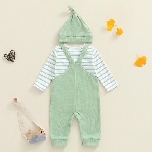 Newborn Baby Boy Summer Clothes Stripe Short Sleeve Romper Suspender Pants Hat 3Pcs Set Cute Coming Home Outfit in Kuwait