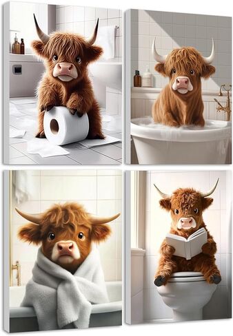 KUVIOKE Cute Highland Cow Bathroom Framed Wall Art Funny Animal Rustic Bathroom Canvas Prints Restroom Farmhouse Ready to Hang Set of 4, 8x10in (Framed) in Saudi Arabia