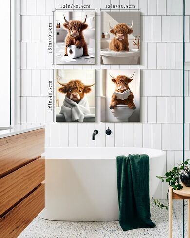 KUVIOKE Cute Highland Cow Bathroom Framed Wall Art Funny Animal Rustic Bathroom Canvas Prints Restroom Farmhouse Ready to Hang Set of 4, 8x10in (Framed) in Saudi Arabia