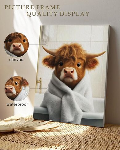 KUVIOKE Cute Highland Cow Bathroom Framed Wall Art Funny Animal Rustic Bathroom Canvas Prints Restroom Farmhouse Ready to Hang Set of 4, 8x10in (Framed) in Saudi Arabia