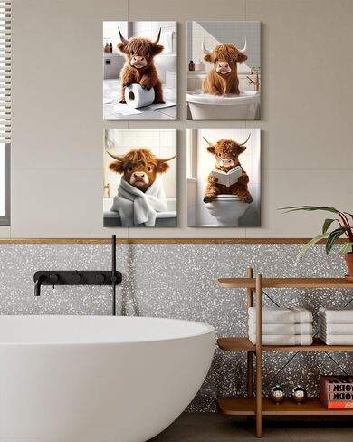KUVIOKE Cute Highland Cow Bathroom Framed Wall Art Funny Animal Rustic Bathroom Canvas Prints Restroom Farmhouse Ready to Hang Set of 4, 8x10in (Framed) in Saudi Arabia