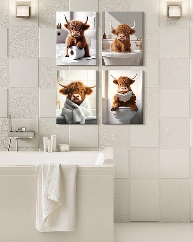 KUVIOKE Cute Highland Cow Bathroom Framed Wall Art Funny Animal Rustic Bathroom Canvas Prints Restroom Farmhouse Ready to Hang Set of 4, 8x10in (Framed) in Saudi Arabia