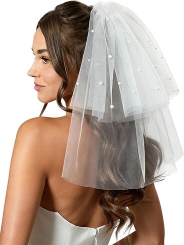 Wedding Veil Pearl Veil 1 Tier White Veils Fingertip Length Bride Headwear Bridal Tulle Veils with Metal Comb for Women Bridal Shower Prom Photography in Saudi Arabia