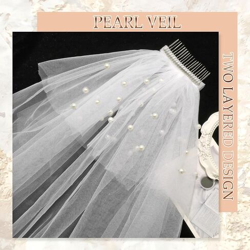 Wedding Veil Pearl Veil 1 Tier White Veils Fingertip Length Bride Headwear Bridal Tulle Veils with Metal Comb for Women Bridal Shower Prom Photography in Saudi Arabia