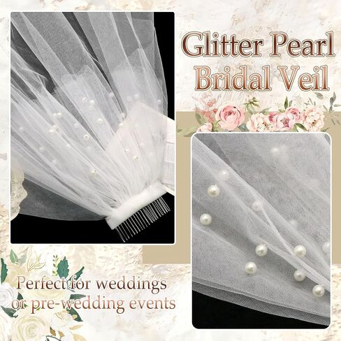Wedding Veil Pearl Veil 1 Tier White Veils Fingertip Length Bride Headwear Bridal Tulle Veils with Metal Comb for Women Bridal Shower Prom Photography in Saudi Arabia