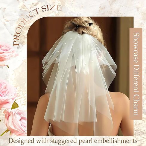 Wedding Veil Pearl Veil 1 Tier White Veils Fingertip Length Bride Headwear Bridal Tulle Veils with Metal Comb for Women Bridal Shower Prom Photography in Saudi Arabia