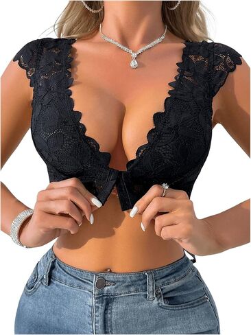 Oyoangle Women's Front Front Front Lace Bralettes No Underwire Cap Sleeve Backless Bras غير المبطنة in Kuwait