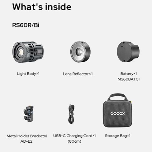 Godox RS60BI LED Video Light,Mini Size 60W Power,CCT/HSI/RGBW/FX Mode,with Detachable Battery,Support E27 Socket/USB/NPF/V-Mount Battery Power for Photographers,Filmmakers,Studios in Kuwait