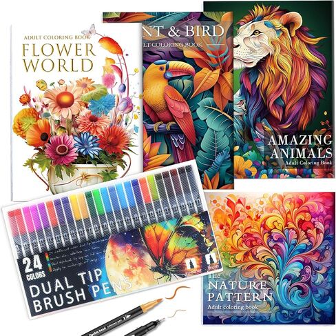 Adult Coloring Book for Adults Relaxation, Stress Relief Coloring Book with 24 Dual Tip Markers, Relaxing Gifts for Women, 128 Patterns Include Mandala Flower Van Gogh PICASSA Style (4 Pack) in Saudi Arabia