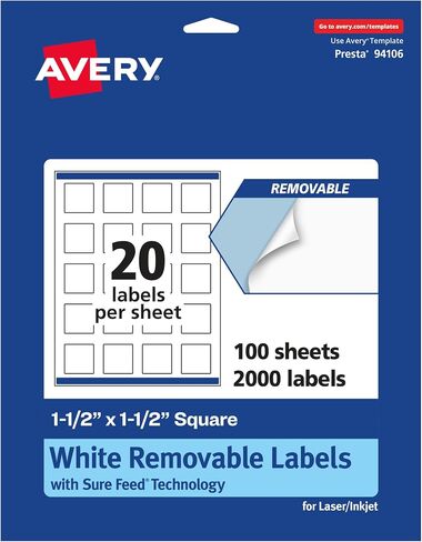 Avery Matte White Removable Square Labels with Sure Feed Technology, Print-to-The-Edge, 1.5" x 1.5", 300 Removable Labels, Laser/Inkjet Printable Labels in Saudi Arabia