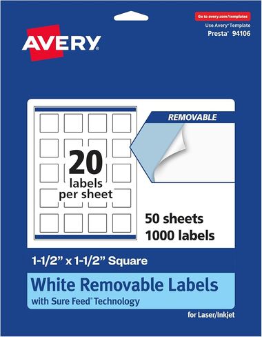 Avery Matte White Removable Square Labels with Sure Feed Technology, Print-to-The-Edge, 1.5" x 1.5", 300 Removable Labels, Laser/Inkjet Printable Labels in Saudi Arabia