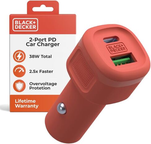 BLACK+DECKER USB C Car Charger, Compact 38W 2-Port, LED Indicator Type C Charger with Power Delivery/Quick Charge, Compatible with iPhone 17 16 15 14 13 Series, Pixel 3 2 XL, iPad Pro, More in Saudi Arabia