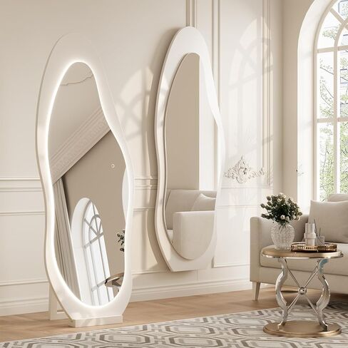 69"x 24" Wavy Mirror Full Length,Lights Irregular led Full Length Mirror, Wavy Wall Mirror,Shatter-Proof Hanging or Leaning Against Wall for Cloakroom/Bedroom/Living Room,Walnut in Kuwait