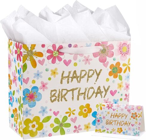 SUNCOLOR 13" Large Birthday Gift Bag with Tissue Paper&Greeting Card-For Moms,Girls' Birthday in Saudi Arabia