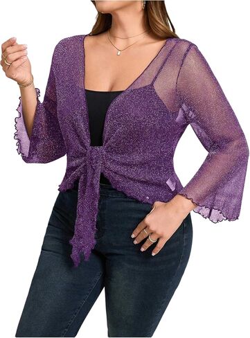 Oyoangle Women's Plus Glitter Long Sleeve Tie Tie Cardigans Party Lightweight Bolero Shrug in Kuwait