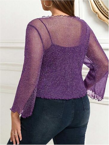 Oyoangle Women's Plus Glitter Long Sleeve Tie Tie Cardigans Party Lightweight Bolero Shrug in Kuwait