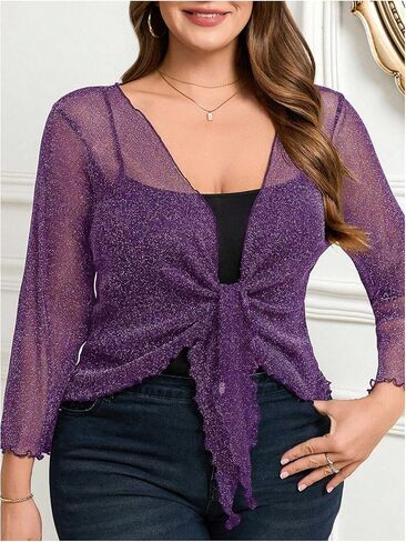 Oyoangle Women's Plus Glitter Long Sleeve Tie Tie Cardigans Party Lightweight Bolero Shrug in Kuwait