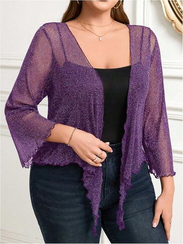 Oyoangle Women's Plus Glitter Long Sleeve Tie Tie Cardigans Party Lightweight Bolero Shrug in Kuwait