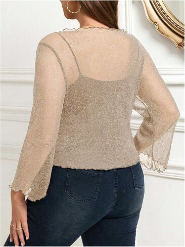Oyoangle Women's Plus Glitter Long Sleeve Tie Tie Cardigans Party Lightweight Bolero Shrug in Kuwait
