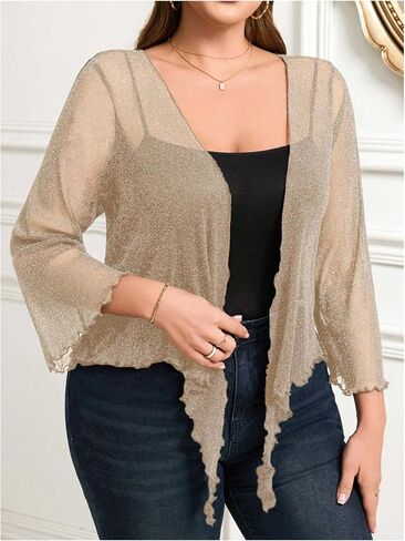 Oyoangle Women's Plus Glitter Long Sleeve Tie Tie Cardigans Party Lightweight Bolero Shrug in Kuwait