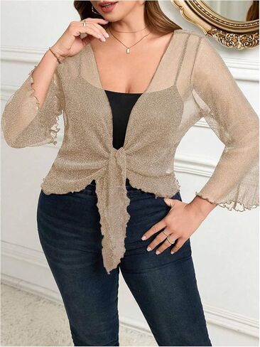 Oyoangle Women's Plus Glitter Long Sleeve Tie Tie Cardigans Party Lightweight Bolero Shrug in Kuwait