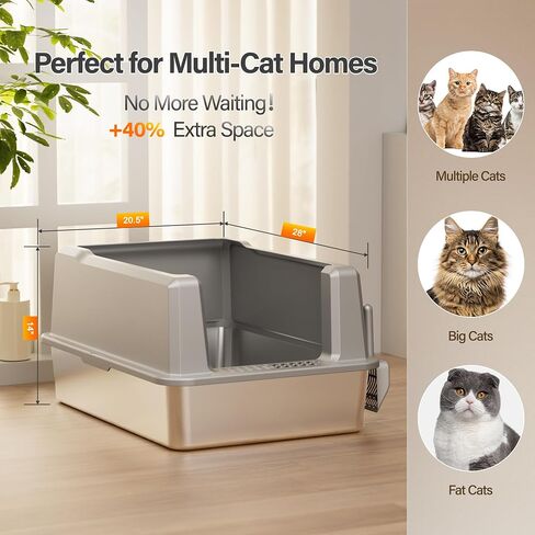 Stainless Steel Jumbo Open Cat Litter Box, XXL 28"x20.5"x14" for Large Cats & Multi-Cat Households, Anti-Leakage High Walls & Non-Slip Base, Non-Sticky, Easy Clean Durable Metal Litter Pan in Saudi Arabia