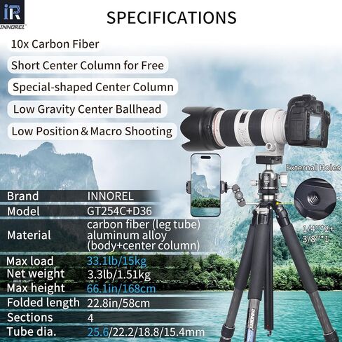 Carbon Fiber Tripod-INNOREL GT254C Professional Camera Tripod Compact Portable Tripod for Digital DSLR Camera 4-Section Travel Camera Stand Support with Special-Shaped Center Column Load 33lb/15kg in Saudi Arabia
