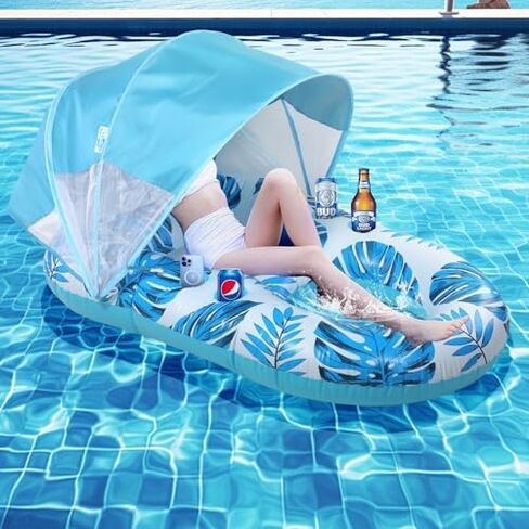 Pool Floats Thick Durable: Pool Float with Canopy UPF50+, Fast Inflation, Cup Holder & Foot Rest - Pool Floats Adult for Swimming Pool, Beach Party Toys in Saudi Arabia