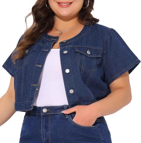 Agnes Orinda Women's Plus Size Denim Vest Tops Crew Neck Button Down Short Sleeve Cropped Jean Jacket in Saudi Arabia