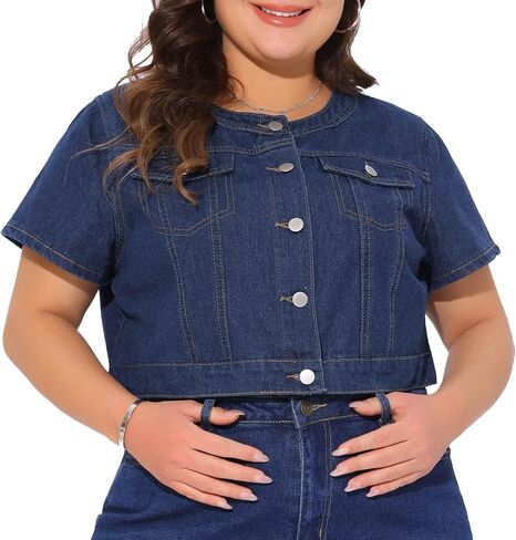 Agnes Orinda Women's Plus Size Denim Vest Tops Crew Neck Button Down Short Sleeve Cropped Jean Jacket in Saudi Arabia