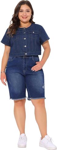 Agnes Orinda Women's Plus Size Denim Vest Tops Crew Neck Button Down Short Sleeve Cropped Jean Jacket in Saudi Arabia
