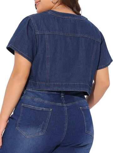 Agnes Orinda Women's Plus Size Denim Vest Tops Crew Neck Button Down Short Sleeve Cropped Jean Jacket in Saudi Arabia