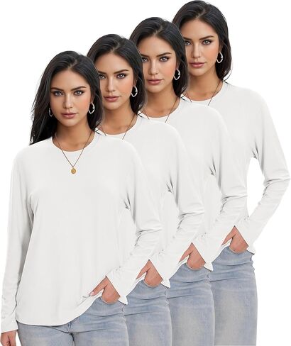 1/4 Pack Womens Long Sleeve Shirts Tops Loose Fit Basic Crew Neck Tee T Shirts Ultra Soft Blouses Tops in Kuwait