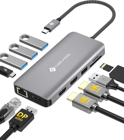 NOVOO 15-in-1 Laptop Docking Station for Triple Display with Dual 4K@60Hz HDMI+8K@30Hz DP+6 USB Ports (Incl. 10Gbps USB-A/C)+USB Host+100W PD+1000M LAN+SD/TF, Compatible with MacBook/Dell/HP/Lenovo in Kuwait