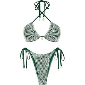 Zaful النسائية البيكيني مجموعة شبكية شبكة صيد الشبكة المثلث قابلة للتحويل طوق Halter Bandeau قذيفة قطعتين للسبع بدلة داكنة الأخضر in Kuwait