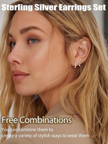 الأقراط الفضية الفضية Thunaraz للنساء لأقراط Hypoallergenic لعدة ثقب مميت الذهب 14K مطلي بالقرار الطوق مجموعات حلق الفضة الصغيرة مجوهرات ثقب المجوهرات in Saudi Arabia
