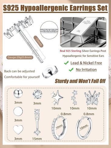 الأقراط الفضية الفضية Thunaraz للنساء لأقراط Hypoallergenic لعدة ثقب مميت الذهب 14K مطلي بالقرار الطوق مجموعات حلق الفضة الصغيرة مجوهرات ثقب المجوهرات in Saudi Arabia