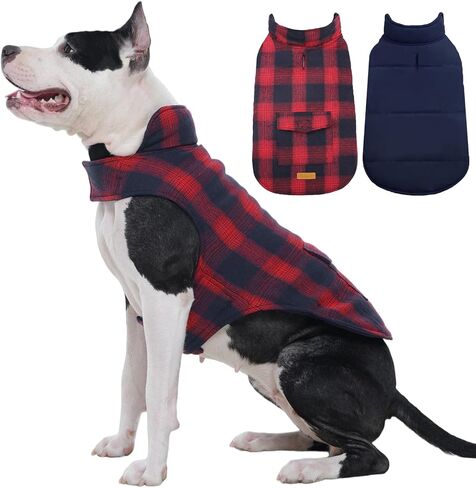 Kuoser Reversible Winter Coat, British Style Jacket for Small Medium and Large Dogs - Warm, Windproof Puppy Cold Weather Vest - Red M in Saudi Arabia