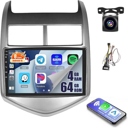 Hikity Android Car Stereo ترقية 2+64G لسيارة Chevy Aveo Sonic 2011-2015 مع Carplay Android Auto، راديو بشاشة لمس 9 بوصة مع نظام تحديد المواقع العالمي (GPS) وكاميرا احتياطية FM RDS SWC in Kuwait