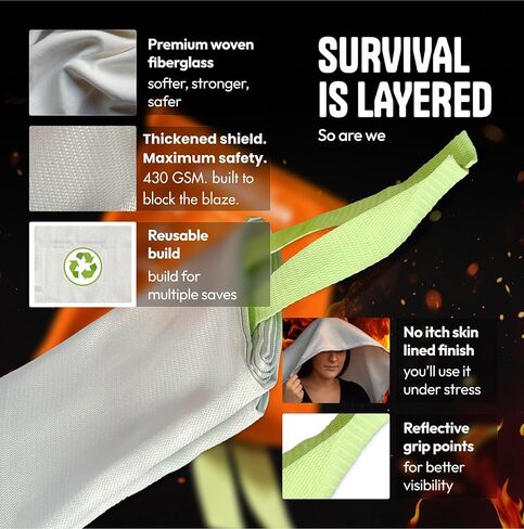 fire blanket- Emergency Fire Blanket for Home -Enhanced Hand Safety with Advanced Woven Technology- Durable Fiberglass Fabric Withstands High Temperatures -reflective straps- 40x40 Inches in Saudi Arabia