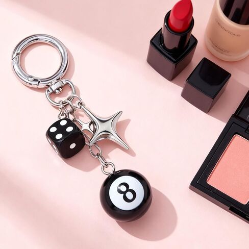 8 Ball Dice Charm Keychain, Y2K Aesthetic Bag Accessory with Star and Dice Charms, Cute and Durable Zinc Alloy Key Chain for Women and Men, Ideal for Purses, Backpacks in Kuwait