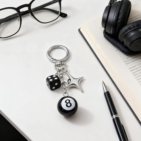 8 Ball Dice Charm Keychain, Y2K Aesthetic Bag Accessory with Star and Dice Charms, Cute and Durable Zinc Alloy Key Chain for Women and Men, Ideal for Purses, Backpacks in Kuwait