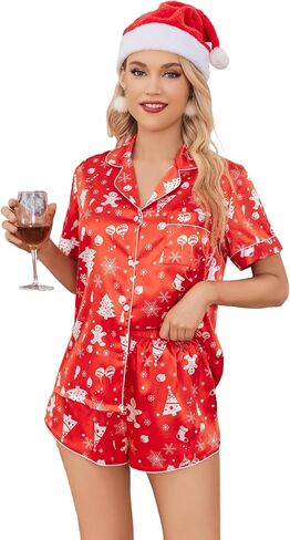 Ekouaer Womens Silk Satin Pajamas مجموعة قصيرة الأكمام زر النوم لأسفل إلى أعلى وسروال شورت صالة 2 قطعة PJS تعيين S-XXL in Saudi Arabia