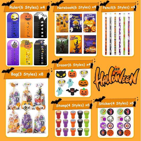 168 PCS Halloween Party Favors ,24 Pack Halloween Stationery Set Trick or Treat Gifts for kids Halloween Toy for Halloween Party Classroom School Supplies Prizes Rewards Halloween Goodie Bag Stuffers in Saudi Arabia