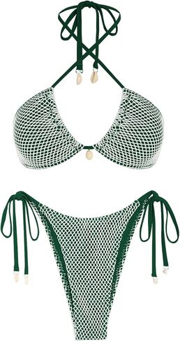 Zaful النسائية البيكيني مجموعة شبكية شبكة صيد الشبكة المثلث قابلة للتحويل طوق Halter Bandeau قذيفة قطعتين للسبع بدلة داكنة الأخضر in Kuwait