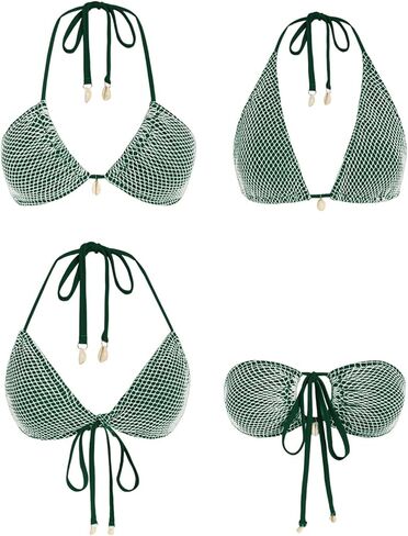 Zaful النسائية البيكيني مجموعة شبكية شبكة صيد الشبكة المثلث قابلة للتحويل طوق Halter Bandeau قذيفة قطعتين للسبع بدلة داكنة الأخضر in Kuwait