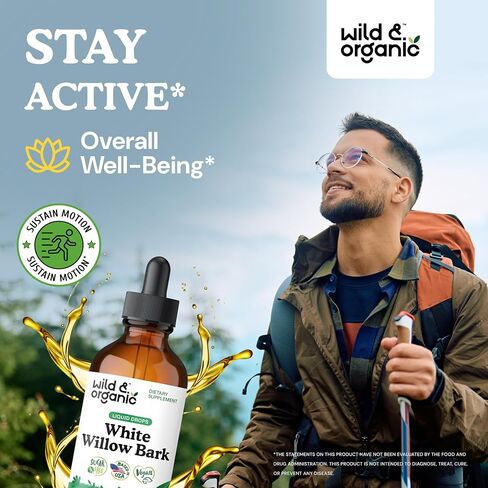 Wild & Organic White Willow Bark Extract Liquid Drops - Overall Well-Being Supplement - 500 mg White Willow Bark Herb Tincture - No Alcohol & Sugar, Non-GMO - 2 fl oz in Saudi Arabia