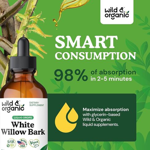 Wild & Organic White Willow Bark Extract Liquid Drops - Overall Well-Being Supplement - 500 mg White Willow Bark Herb Tincture - No Alcohol & Sugar, Non-GMO - 2 fl oz in Saudi Arabia
